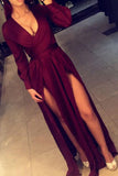 Burgundy Floor Length Long Sleeves Deep V Neckline Long Prom Dress With Slits, M155
