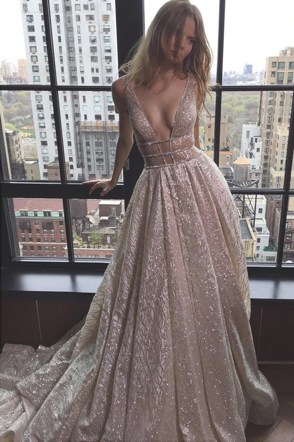 Rose Gold Sequin Long Prom Dresses,Evening Prom Gown With Plunging V-Neck, M156