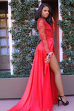 Red Chiffon Long Sleeves Prom Dresses with Slit and Sweep Train, P150