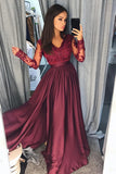 Burgundy Satin Long Sleeves A-line Long Prom Dresses Evening Dresses, M157