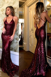 Burgundy Sequins Spaghetti Strap V-neck Lace Mermaid Long Prom Dresses, M158