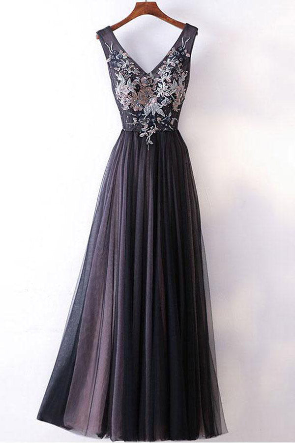 Simple Dark Grey Princess A-line V-neck Long Prom Dresses, Party Dress, M159