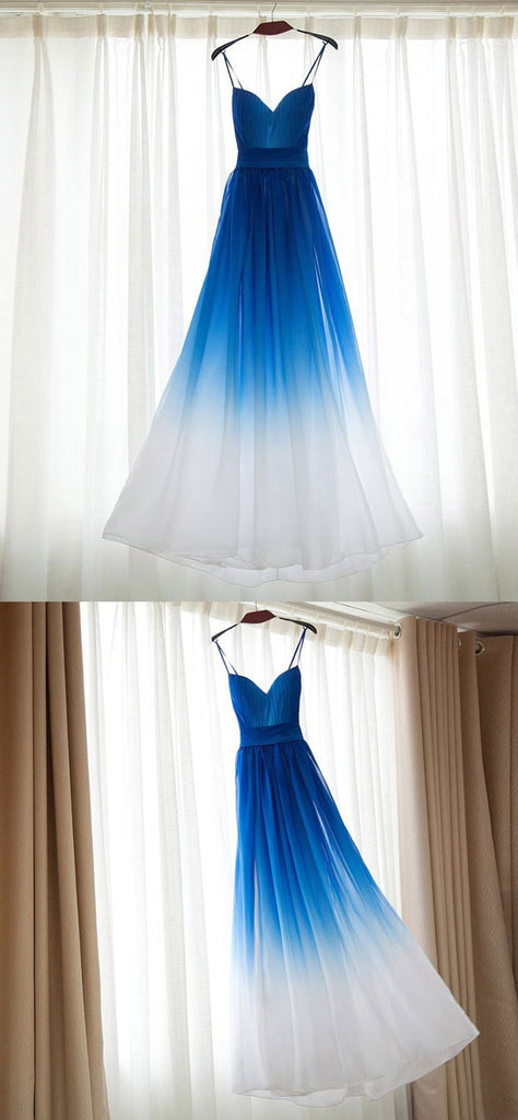 long blue ombre prom dress Simple Sleeveless V Neck Chiffon A Line Long Sky Blue Flowy Prom Dresses