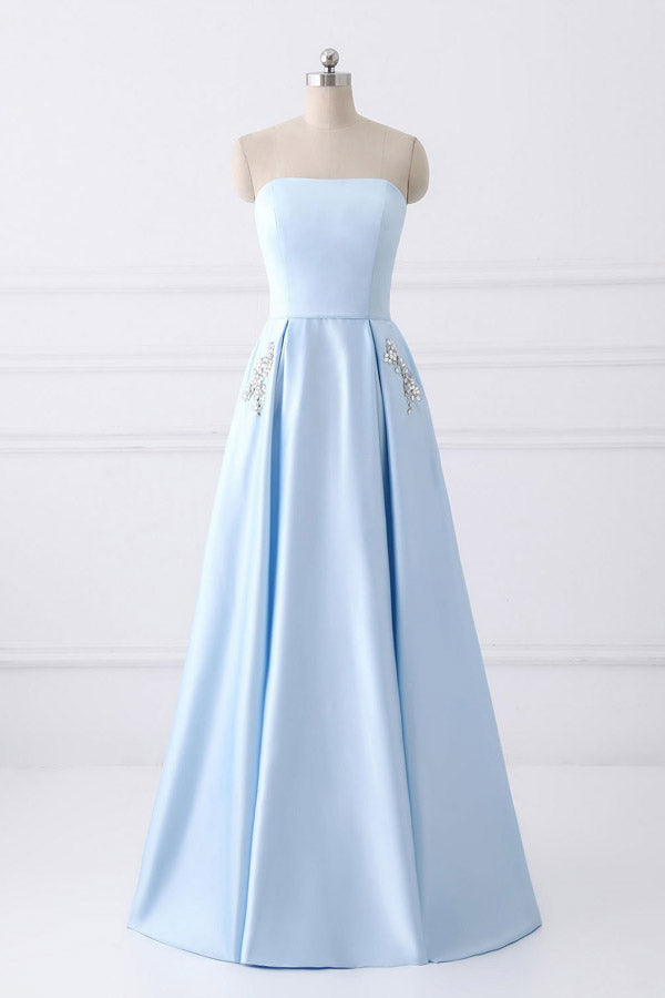 Blue Cheap A-line Strapless Simple Long Prom Dresses with Pocket, M162