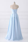 Blue Cheap A-line Strapless Simple Long Prom Dresses with Pocket at simidress.com