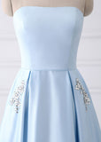 Blue Cheap A-line Strapless Simple Long Prom Dresses with Pocket from simidress.com