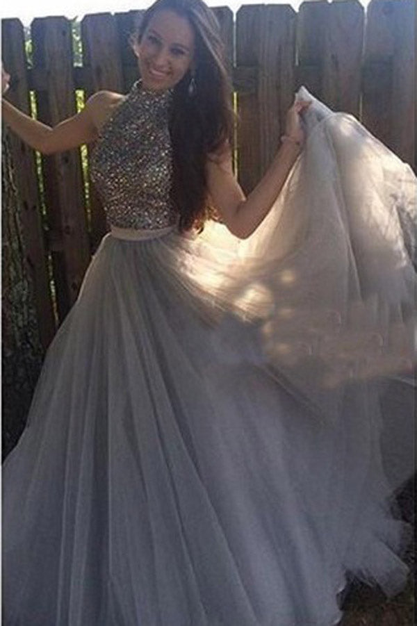 Grey Tulle A-line Halter High Neck Long Prom Dress with Beading,Formal Dress, M164