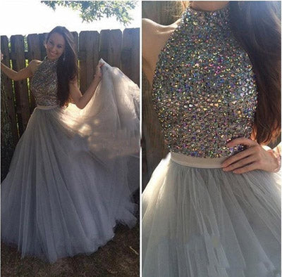 Grey Tulle A-line Halter High Neck Long Prom Dress with Beading,Formal Dress at simidress.com