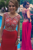 Red Jersey Two Pieces Mermaid Long Prom Dresses with Beading, Formal Dress, M165