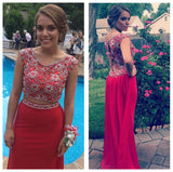 Red Jersey Two Pieces Mermaid Long Prom Dresses with Beading, Formal Dress at simidress.com