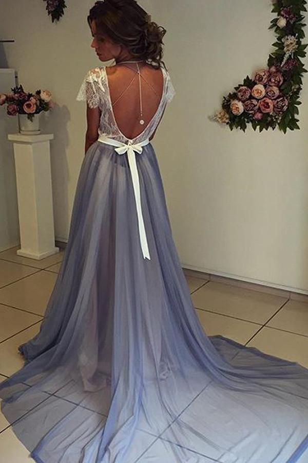 Fabulous Chiffon Scoop Neckline Cap Sleeves Prom Dress with Lace Back at simidress.com