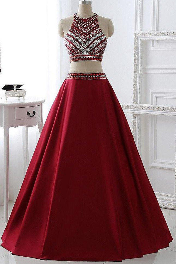 Burgundy Satin A-line Two Pieces Long Prom Dress Party Dresses, M167
