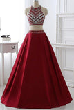 Burgundy Satin A-line Two Pieces Long Prom Dress Party Dresses, M167
