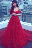 Dark Red Tulle A-Line Off-the-Shoulder Long Prom Dress with Court Train, M168