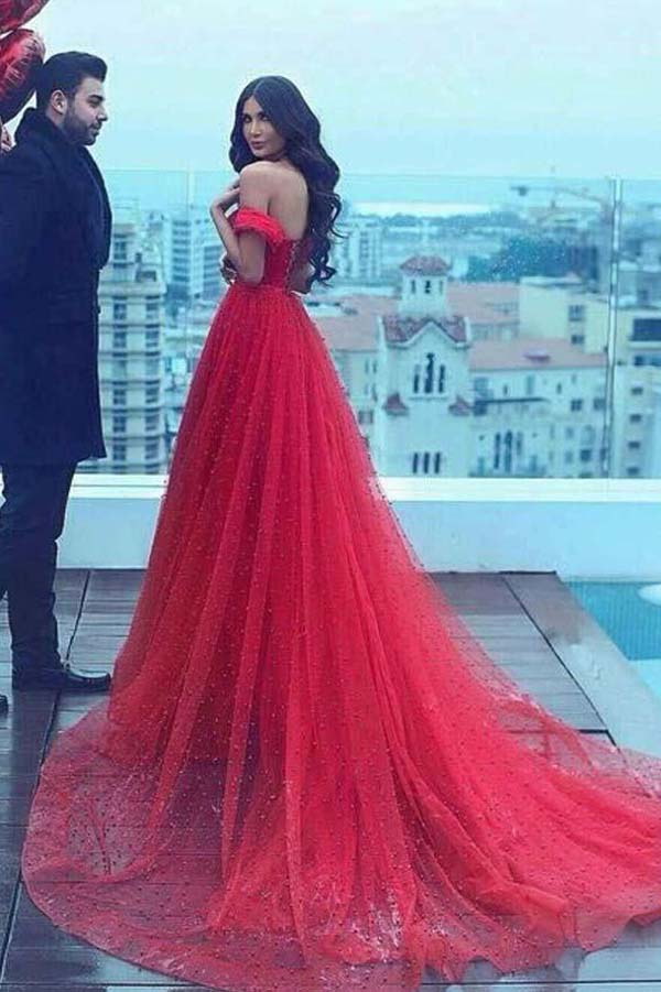 Dark Red Tulle A-Line Off-the-Shoulder Long Prom Dress with Court Train at simidress.com
