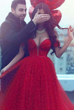 Dark Red Tulle A-Line Off-the-Shoulder Long Prom Dress with Court Train at simidress.com