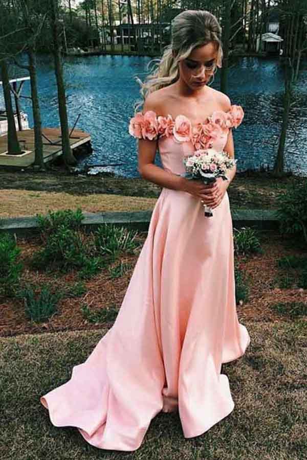 Pink Satin Off-the-Shoulder Sweep Train Long Prom Dress with Flowers, M169