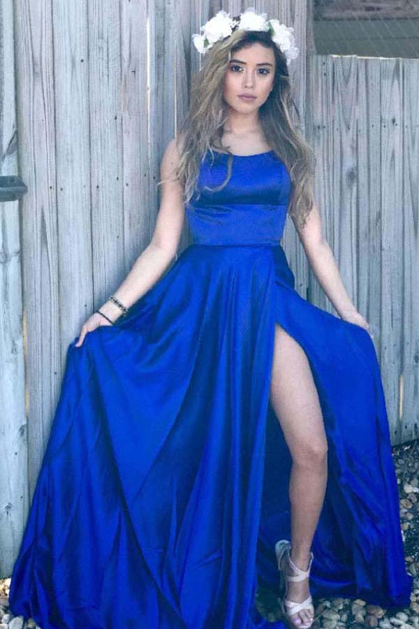 Royal Blue Criss-Cross Straps Satin Scoop Split Side Long Prom Dress, M170