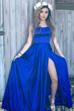 Royal Blue Criss-Cross Straps Satin Scoop Split Side Long Prom Dress, M170