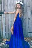 Royal Blue Criss-Cross Straps Satin Scoop Split Side Long Prom Dress at simidress.com