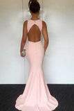 Pearl Pink Mermaid Round Neck Open Back Long Prom Dress with Sweep Train at simidress.com