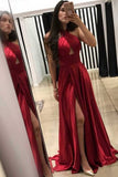 Dark Red A-Line Cross Neck Floor-Length Long Prom Dress with Split Keyhole, M173