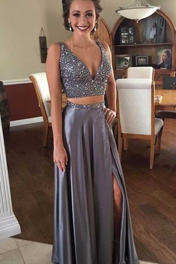 Silver Two Piece Beaded Graduation Dress,Two Piece Slit Prom Party Dress, M176