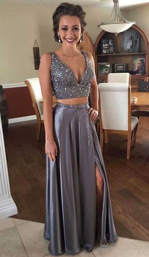 Silver Two Piece Beaded Graduation Dress,Two Piece Slit Prom Party Dress at simidress.com