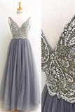 Gray V neck Tulle Floor Length Long Prom Dress With Beading, Formal Dress, M177