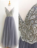 Gray V neck Tulle Floor Length Long Prom Dress With Beading, Formal Dress at simidress.com