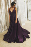 Purple A-line Satin V Neck Long Prom Dress, Purple Evening Dress, M178