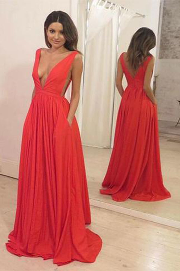 Red Deep A-Line Floor-Length V Neck Long Prom Dress, Red Evening Dress, M179