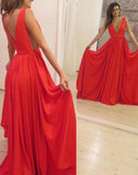 Red Deep A-Line Floor-Length V Neck Long Prom Dress, Red Evening Dress at simidress.com