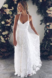 White Lace V Neck Floor Length Long Prom Dress, Evening Dress, M181