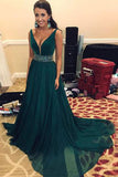 Elegant Green A-line V Neck Long Prom Dress, Green Evening Dress, M182