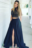Navy Two Piece A-line Lace Bodice Long Prom Dresses with Side Split, M183