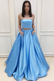 Blue Satin Two Piece A-line Strapless Long Prom Dresses with Pocket, M184