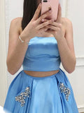 Blue Satin Two Piece A-line Strapless Long Prom Dresses with Pocket at simidress.com