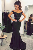 Off Shoulder Mermaid V-neck Prom Dresses with Lace Appliques Evening Gowns, M187