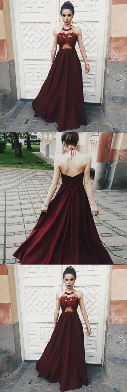 Fantastic Red Halter Burgundy Top Spaghetti Neck Tie V Back Prom Dress at simidress.com