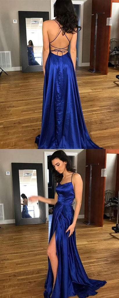 Blue Satin A-Line Backless Split Long Prom Dress with Sweep Train, M189