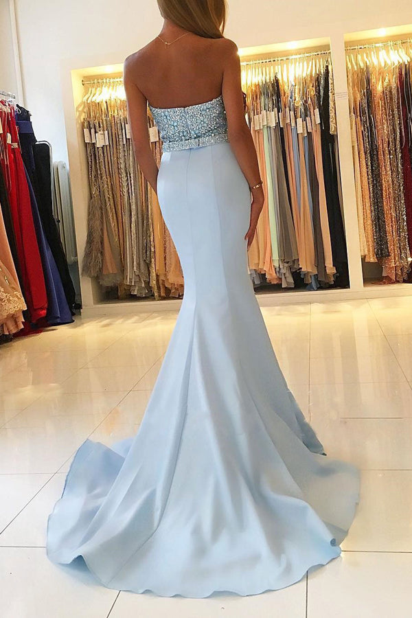 Light Blue Sweetheart Neck Beaded Bodice Mermaid Prom Dresses at simidress.com
