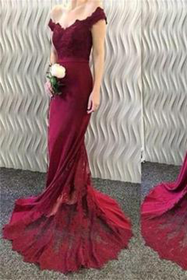 Burgundy Mermaid Off Shoulder Prom Dress With Small Train, Bridesmaid Dress M193