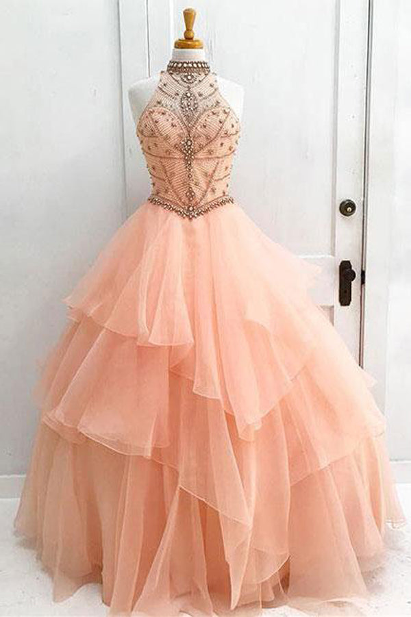 Organza High Neck Beaded Ball Gown Halter Bodice Prom Dress Quinceanera Dress, M194