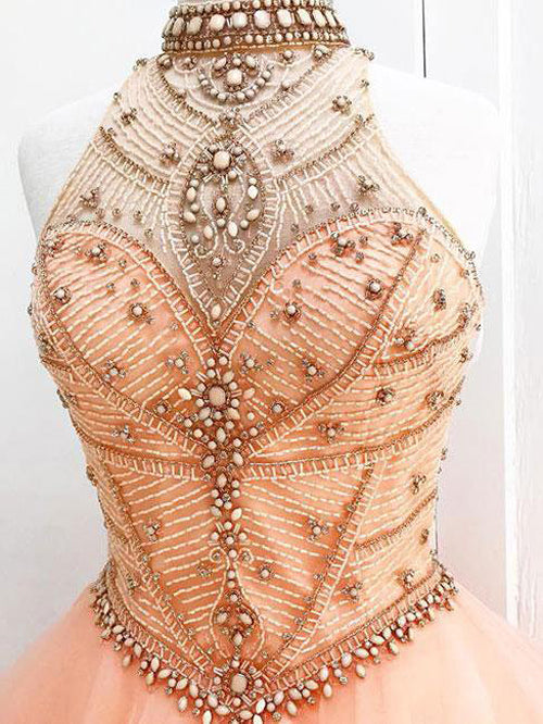 Organza High Neck Beaded Ball Gown Halter Bodice Prom Dress Quinceanera Dress at simidress.com