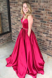 Fabulous Cheap Red A line Satin V Neck Long Prom Dress M197