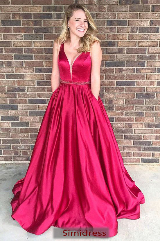 Fabulous Cheap Red A line Satin V Neck Long Prom Dress at simidress.com