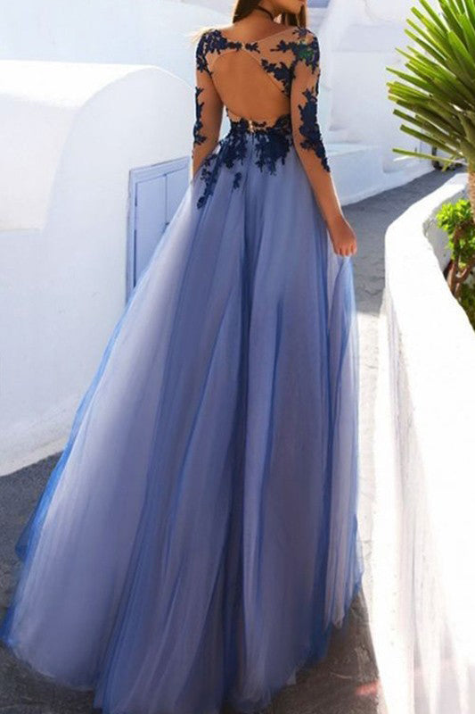 Blue Lace Long Sleeve Open Back See Through Long Evening Prom Dresses from simidress.com
