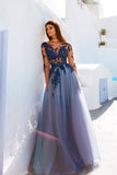 Blue Lace Long Sleeve Open Back See Through Long Evening Prom Dresses, M199