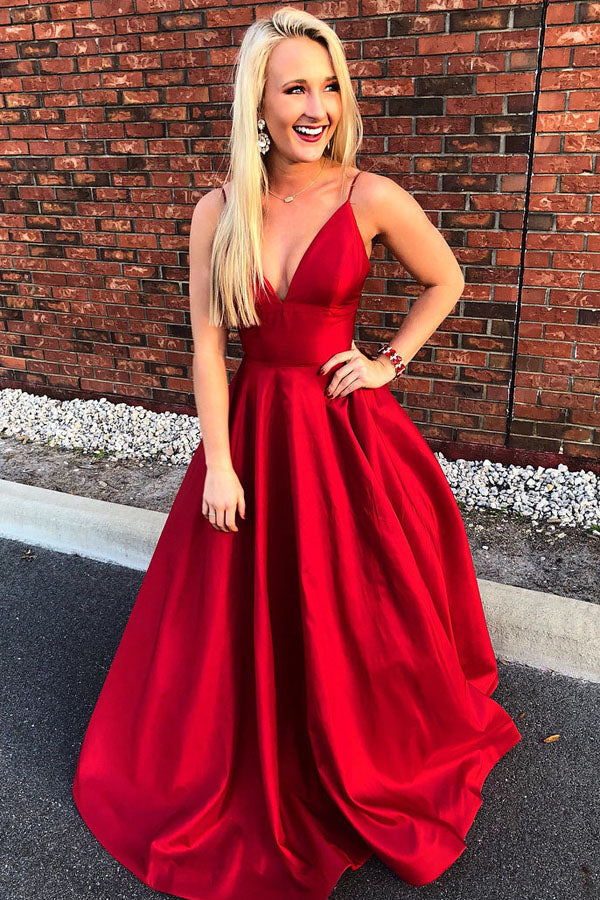 Simple Straps A-line Red Spaghetti Straps V Neck Long Prom Dresses ...